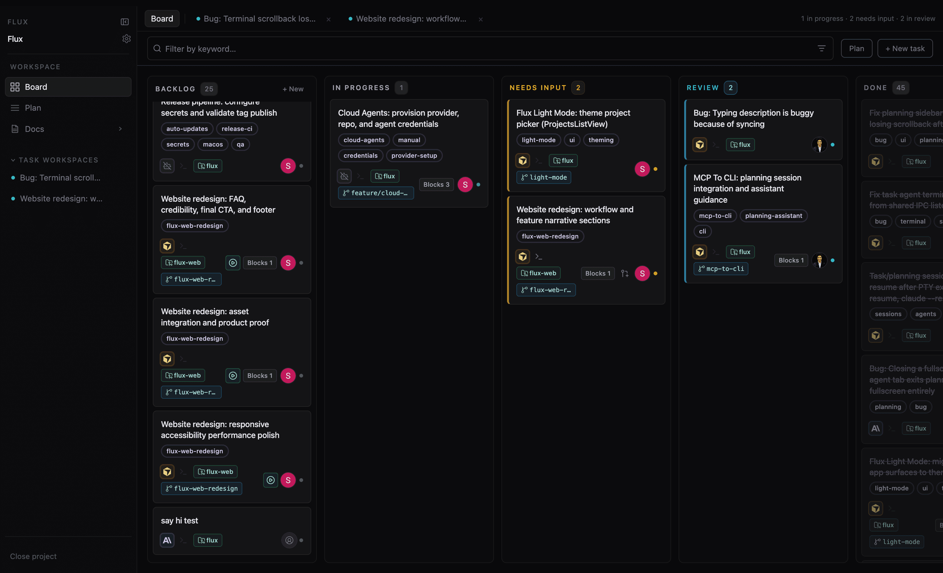 Fluxx kanban board with backlog, in progress, needs input, review, and done columns